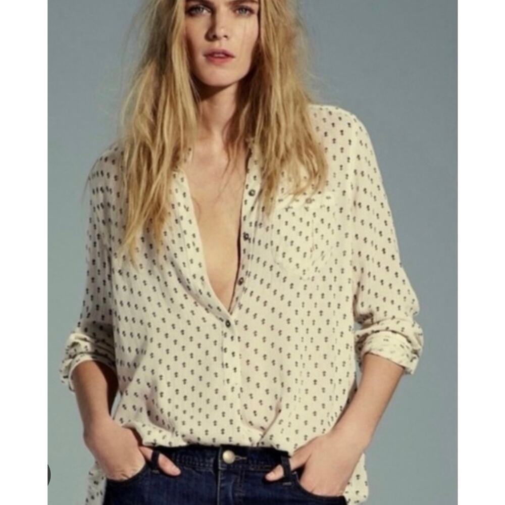 Free People Shibori Magic V Neck Boyfriend Cream Long Sleeve Blouse S Oversized